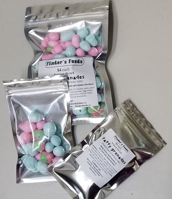Taffy Grenades (formerly known as salt water taffy before freeze drying), in zipper close Mylar bags