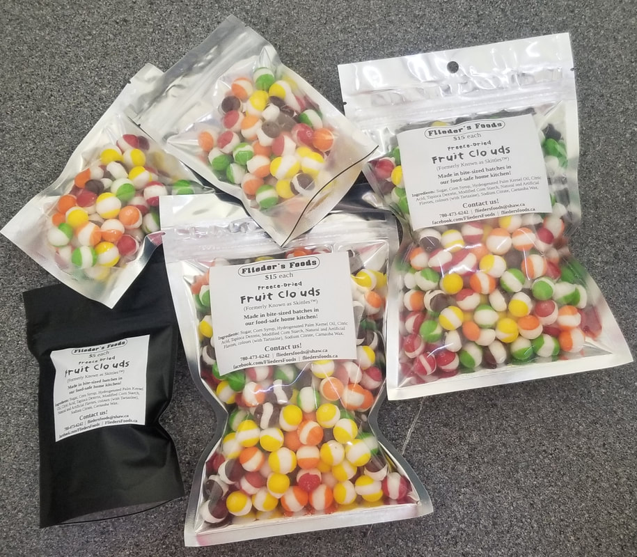 Fruit Clouds (formerly known as SkittlesTM before freeze drying) in each of the 2 sizes listed - me only (50g), i guess i'll share (200g), in zipper close Mylar bags