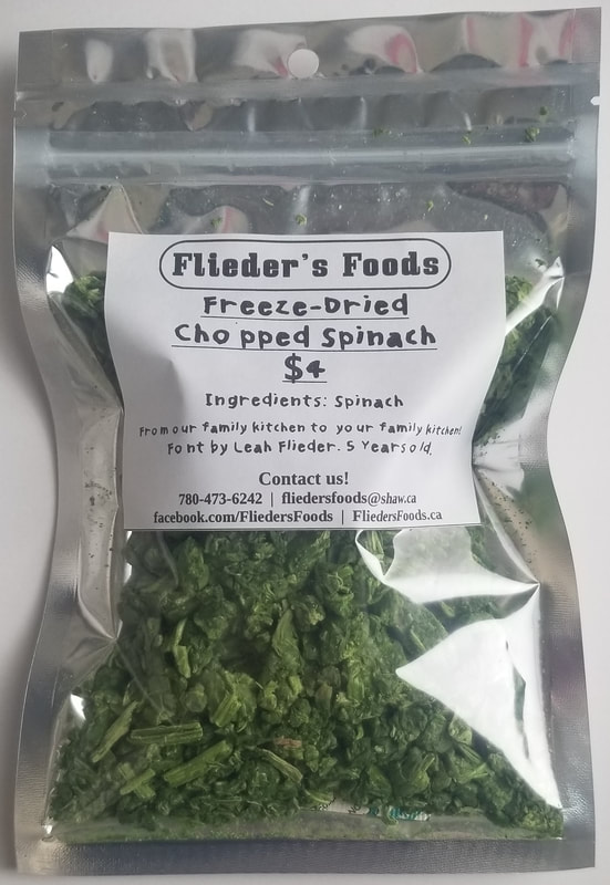 Freeze dried chopped spinach, in zip close mylar bag