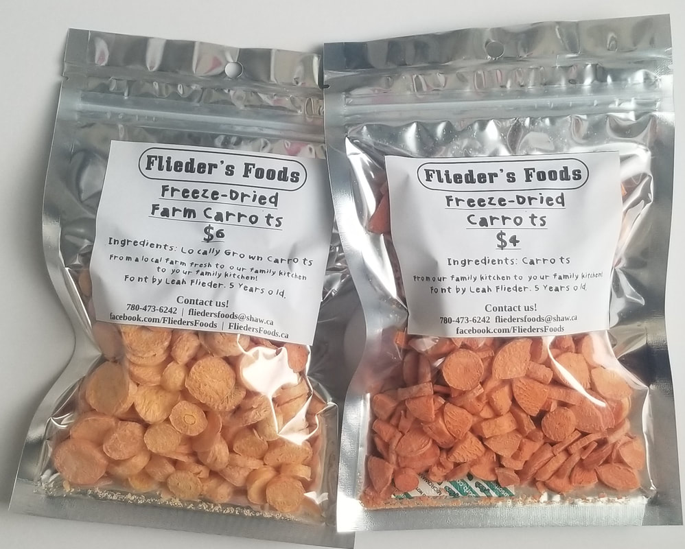 Freeze dried carrots, store and farm, shown each in 1 cup quantities in zipper-close mylar bags
