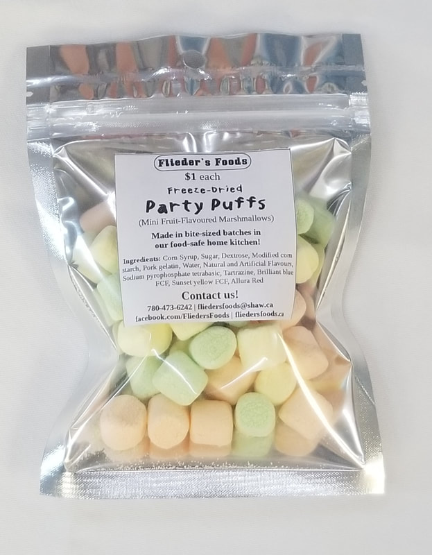 Party Puffs (formerly known as mini marshmallows before freeze drying), in zipper close Mylar bag