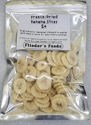 Freeze dried banana slices, one cup quantity in zipper close Mylar bag