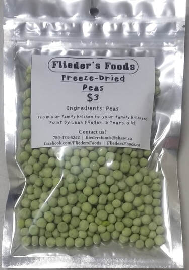 Freeze dried peas, one cup quantity in zipper close Mylar bag